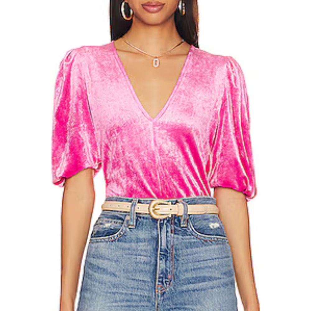 FREE PEOPLE Pink Puff Sleeve Velvet Bodysuit S